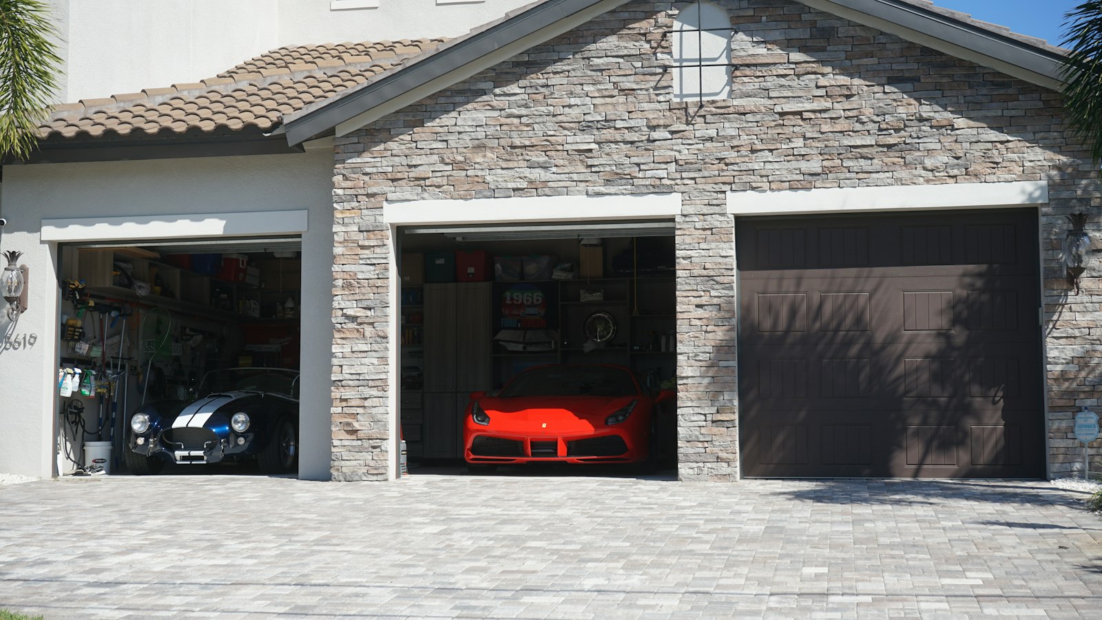 Stone-faced house with an integral garage
