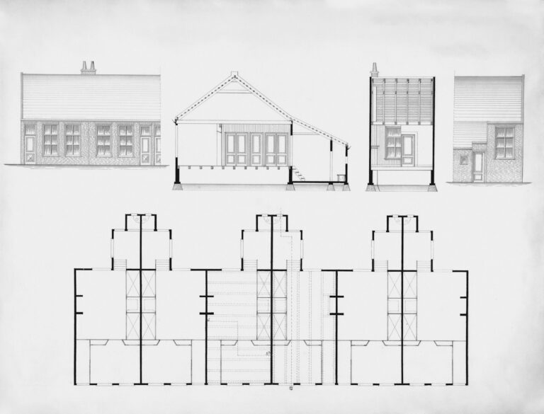 Architectural drawings with elevations and floor plans