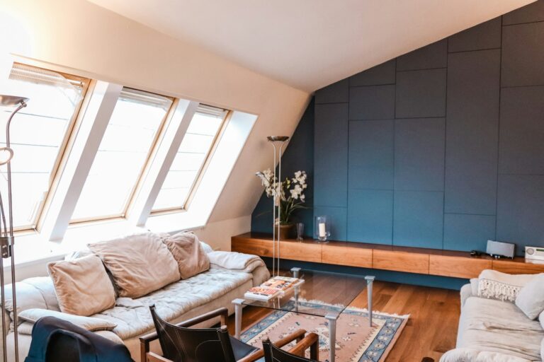Loft conversion living room with roof windows