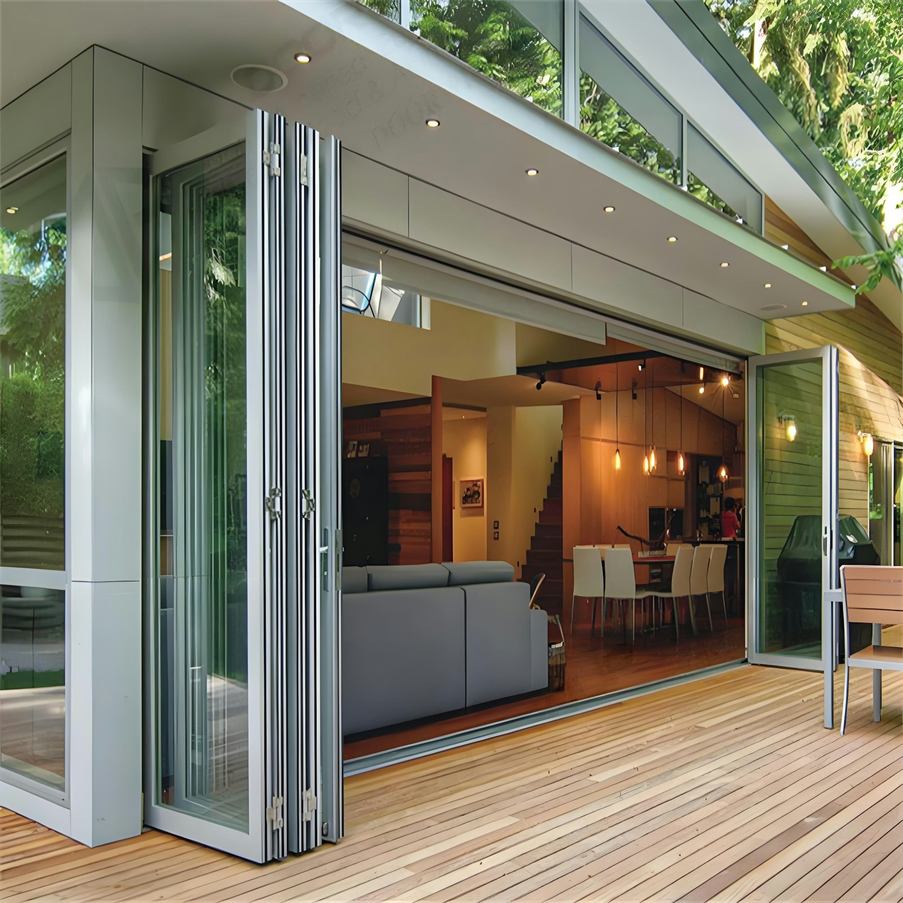 Rear house extension with folding glass doors opening onto a garden